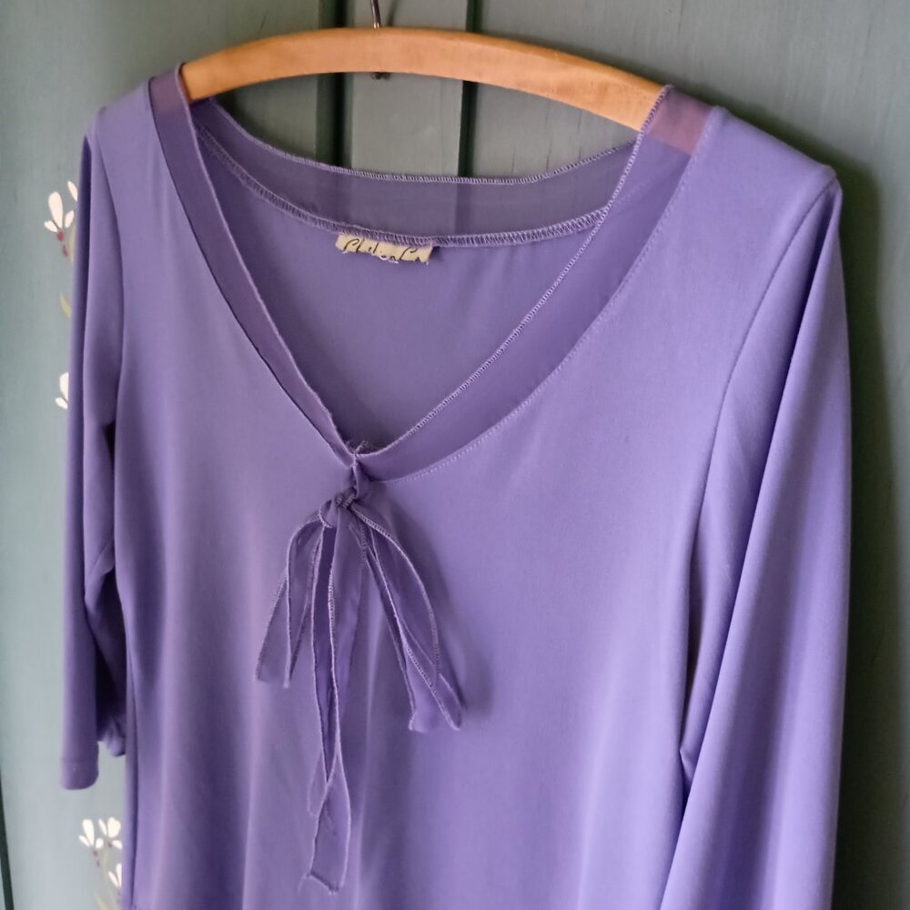 Periwinkle Women's Blouse w Sheer Accents Scoop Neck and Bow Size M